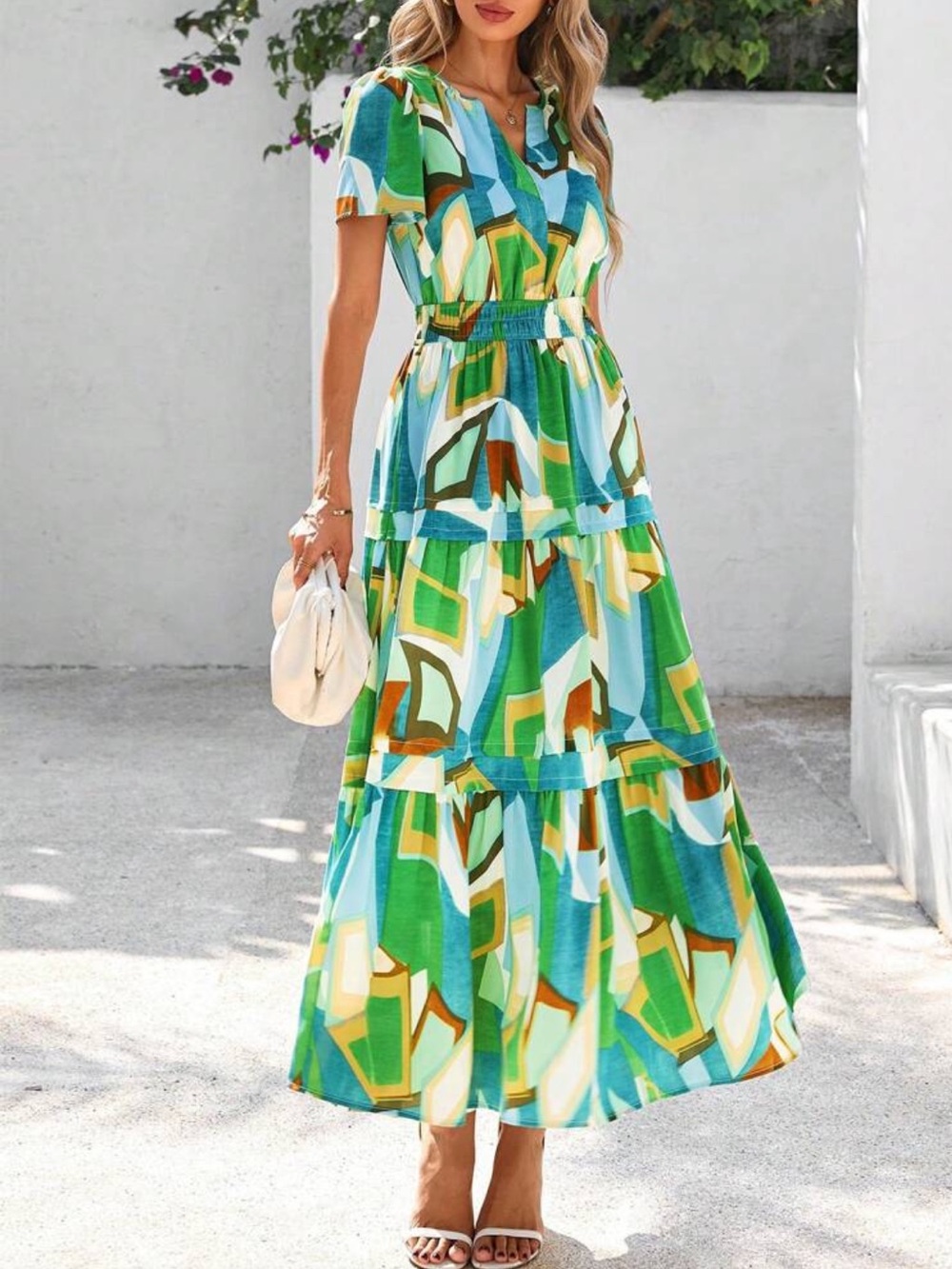 Green floral print tiered maxi dress